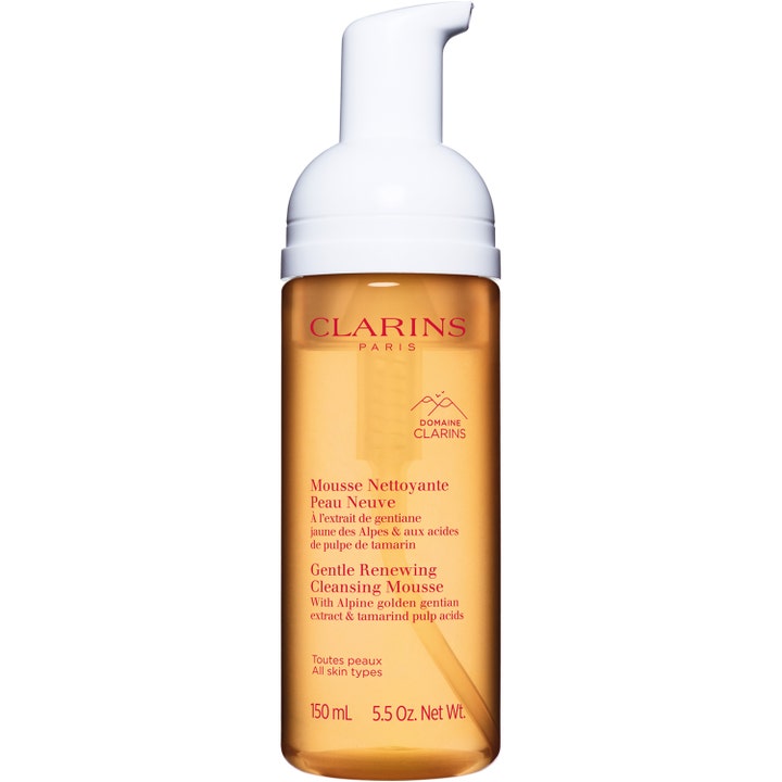 Clarins Gentle Renewing Cleansing Mousse 150 ml uudistava puhdistusvaahto oranssissa pullossa valkoisella pumpulla.