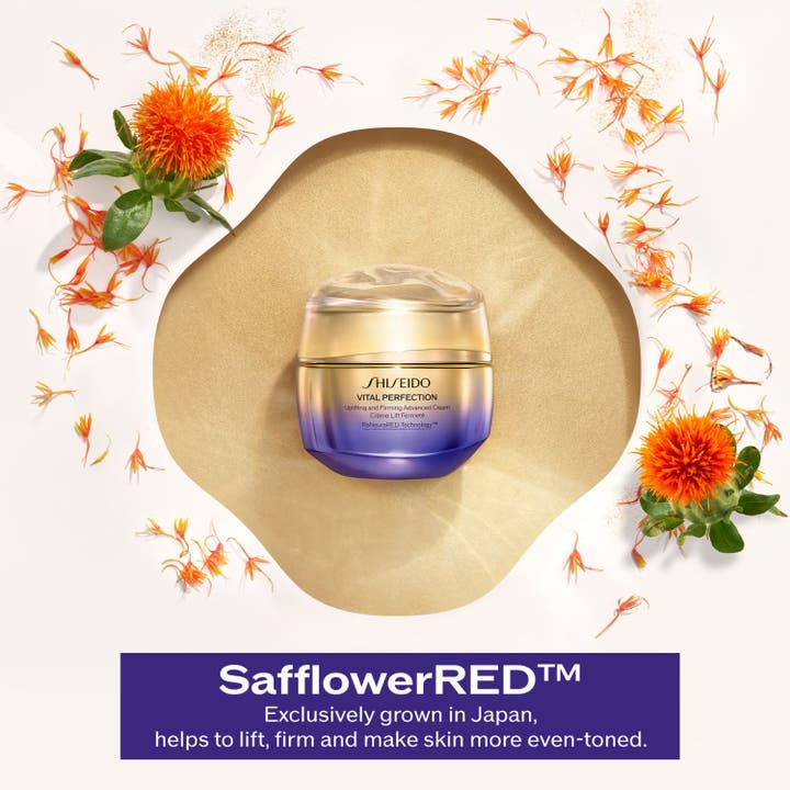 Shiseido Vital Perfection Advanced Day Cream 50 ml kiinteyttävä päivävoide kultaisessa purkissa saflorinkukkien kera
