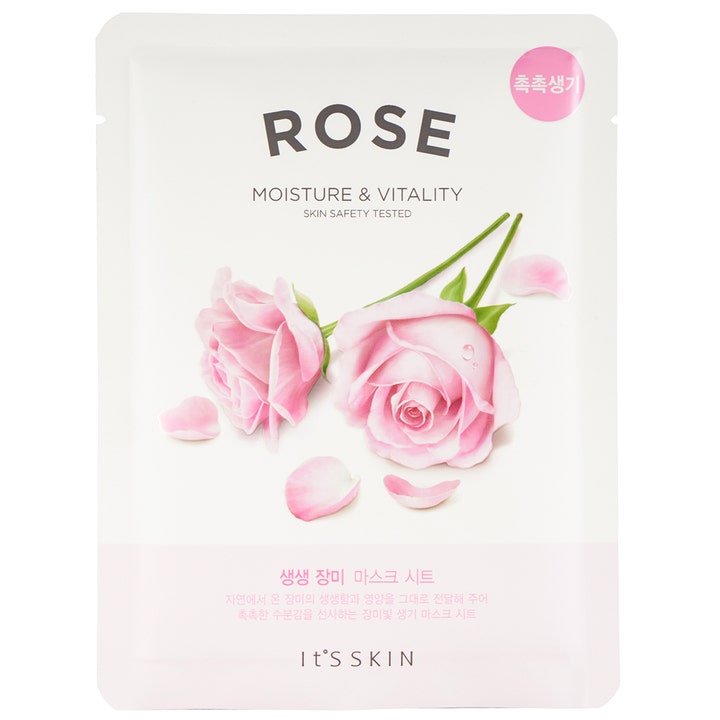 It's Skin Rose Moisture & Vitality kosteuttava kangasnaamio valkoisessa pakkauksessa, jossa on kaksi vaaleanpunaista ruusua.