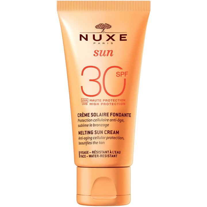 Nuxe Sun Melting Sun Cream 50 ml ikääntymistä ehkäisevä aurinkovoide oranssissa tuubissa jossa on punainen SPF 30 teksti