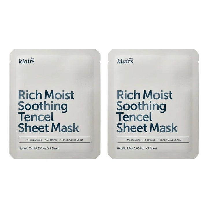 Klairs Rich Moist Soothing Tencel Sheet Mask 25 ml rauhoittava kangasnaamio kahdessa valkoisessa pakkauksessa.