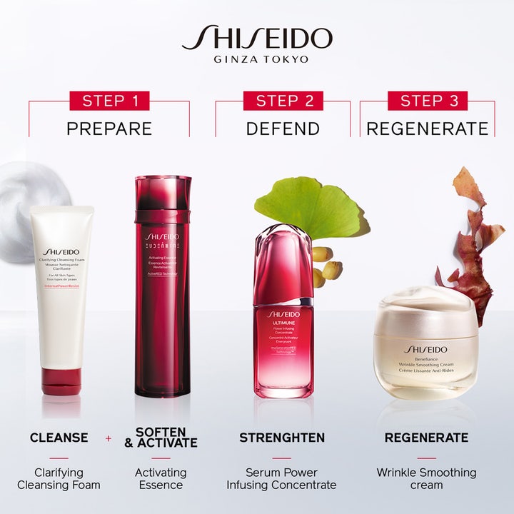 Shiseido Benefiance Wrinkle Smoothing Cream 50 ml ryppyjä silottava päivävoide osana nelivaiheista ihonhoitorutiinia.
