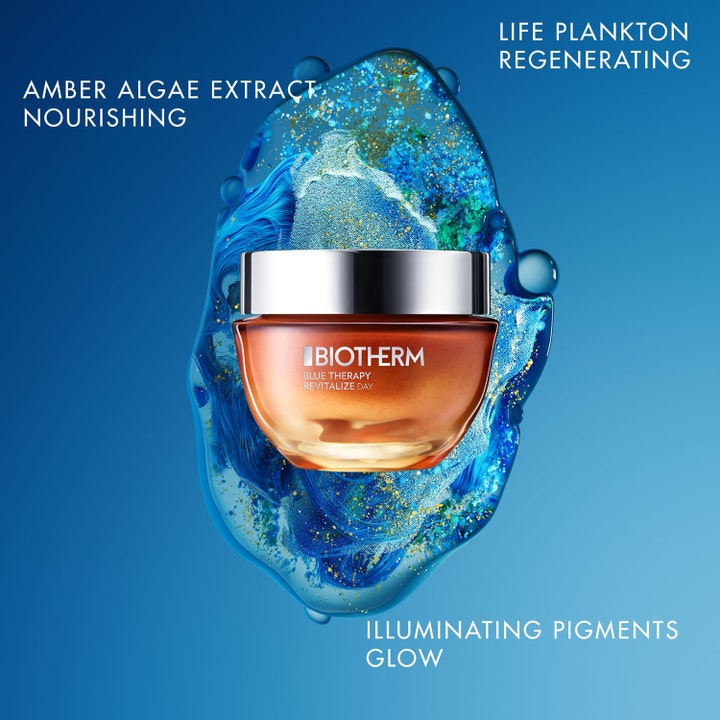 Biotherm Blue Therapy Revitalize 50 ml ravitseva päivävoide oranssissa lasipurkissa hehkua antavilla pigmenteillä