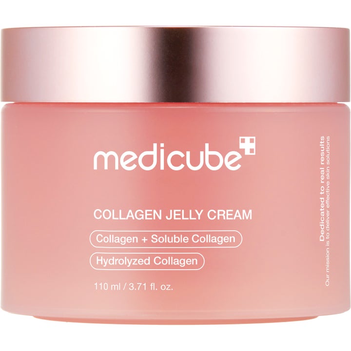 Medicube Collagen Jelly Cream 110 ml kiinteyttävä kasvovoide vaaleanpunaisessa huurteisessa purkissa ruusukultaisella kannella