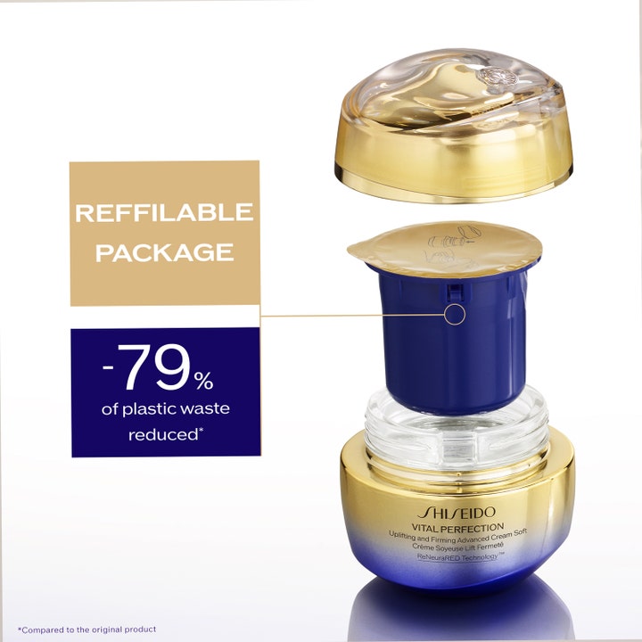 Shiseido Vital Perfection Soft Cream 50 ml kiinteyttävä päivävoide ja uudelleentäytettävä kultainen pakkaus