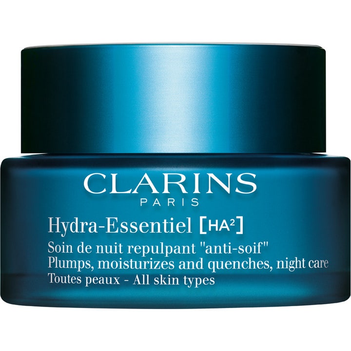 Clarins Hydra-Essentiel [HA²] kosteuttava ja täyteläistävä yövoide tummansinisessä lasipurkissa.