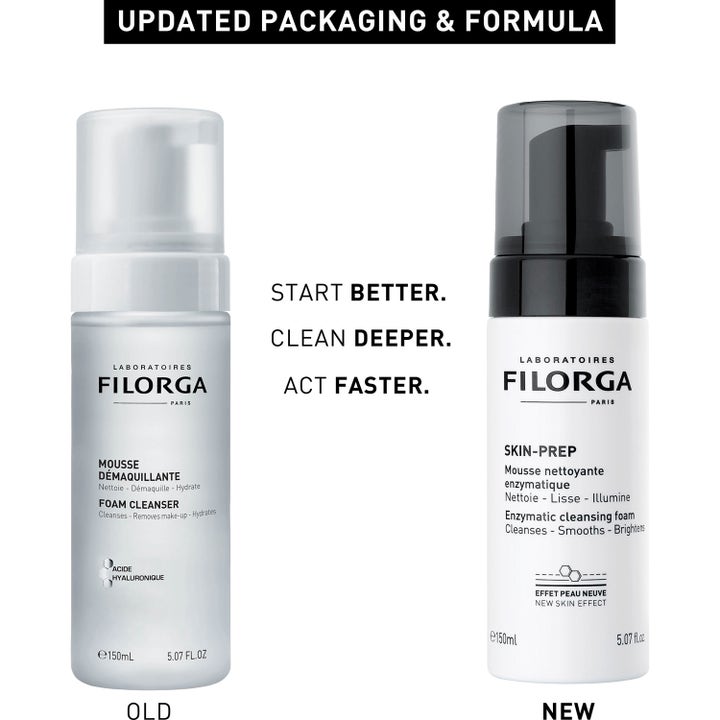 Filorga Skin-Prep Enzymatic Cleansing Foam 150 ml puhdistusvaahto uusi ja vanha pakkaus vertailussa.