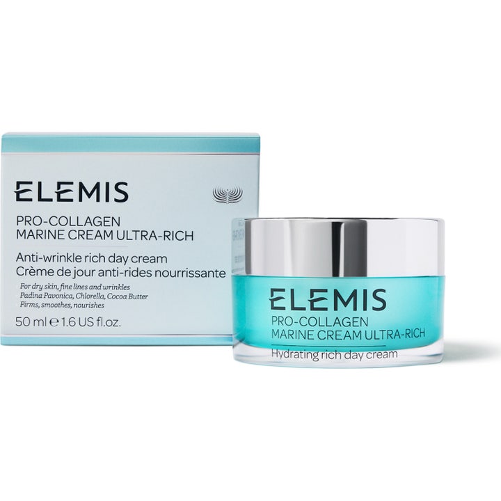 Elemis Pro-Collagen Marine Cream Ultra Rich 50 ml silottava päivävoide turkoosissa purkissa ja pakkauksessa.