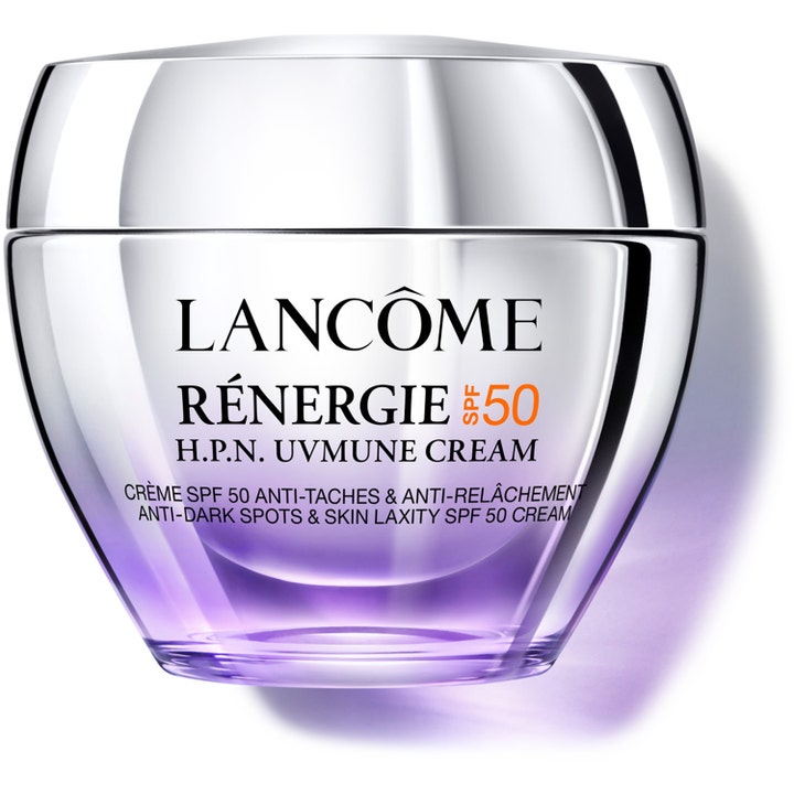 Lancôme Rénergie H.P.N. UVMUNE Cream SPF 50 kiinteyttävä kasvovoide hopeakantisessa liukuvärjätyssä violetissa lasipurkissa.