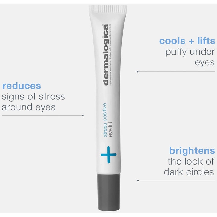 Dermalogica Stress Positive Eye Lift 25 ml silmänympärysvoide valkoisessa tuubissa kirkastaa ja laskee silmien turvotusta.