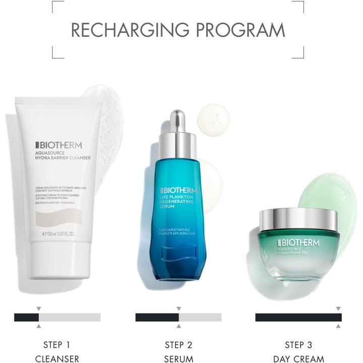 Biotherm Aquasource Hyalu Plump Gel 50 ml kosteuttava päivävoide osana kolmivaiheista ihonhoitorutiinia.