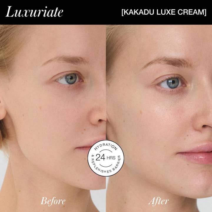 RMS Beauty Kakadu Luxe Cream 50 ml kasvovoide ennen ja jälkeen tulos näyttää 24 tunnin kosteutuksen.