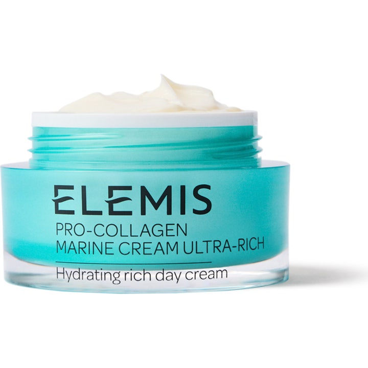 Elemis Pro-Collagen Marine Cream Ultra-Rich kosteuttava päivävoide turkoosissa purkissa täyteläisellä valkoisella voiteella