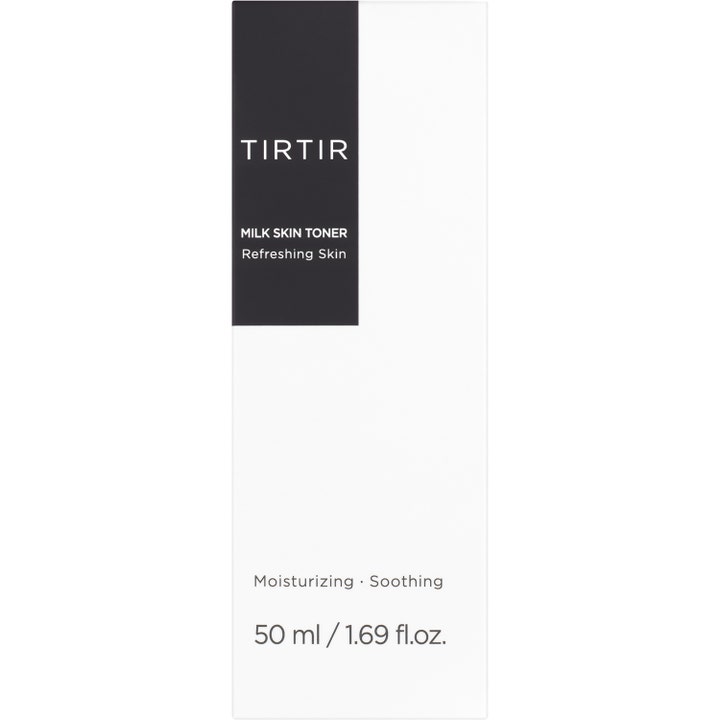 TIRTIR Milk Skin Toner 50 ml kosteuttava ja rauhoittava kasvovesi tyylikkäässä valko-mustassa pakkauksessa.