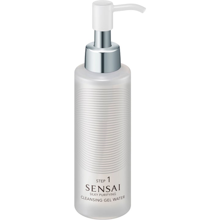 Sensai Silky Purifying Cleansing Gel Water puhdistusgeeli meikinpoistoon huurteisessa pullossa hopeisella pumpulla