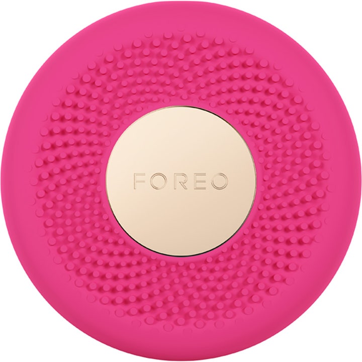 FOREO UFO 3 mini Fuchsia 1 kpl kosteuttava ihonhoitolaite pinkillä nystyräpinnalla ja kultaisella keskiöllä