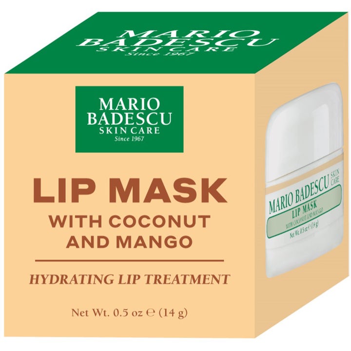 Mario Badescu Lip Mask Coconut & Mango 14 ml kosteuttava huulinaamio persikanvärisessä kartonkipakkauksessa.