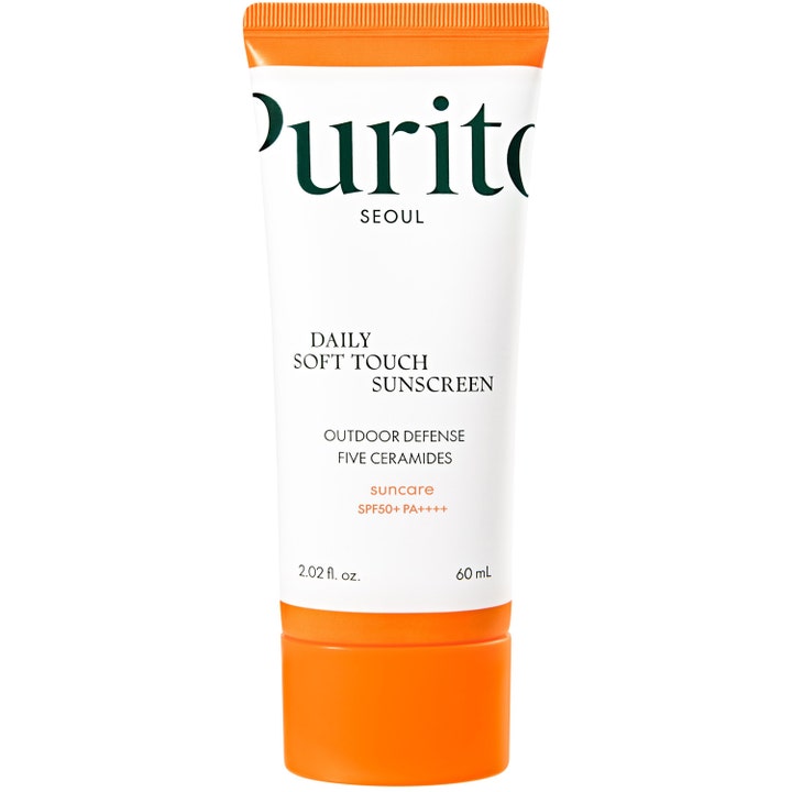 Purito Seoul Daily Soft Touch Sunscreen 60 ml keramidia sisältävä aurinkovoide valkoisessa tuubissa oranssilla korkilla