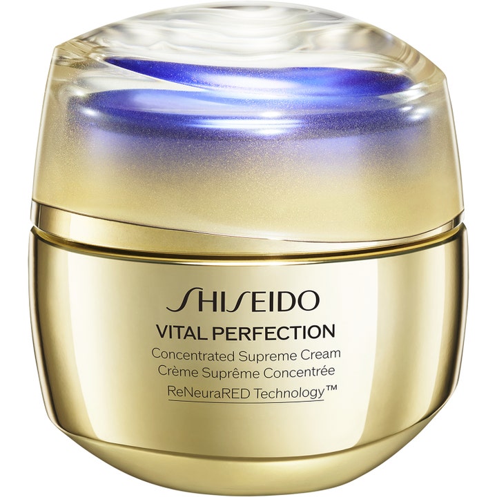 Shiseido Vital Perfection Concentrated Supreme Cream kiinteyttävä kasvovoide kultaisessa purkissa sinisellä kannella.