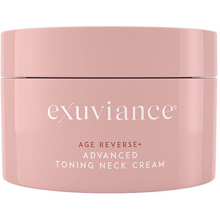 Exuviance Age Reverse+ Advanced Toning Neck Cream kiinteyttävä kaulavoide vaaleanpunaisessa purkissa.