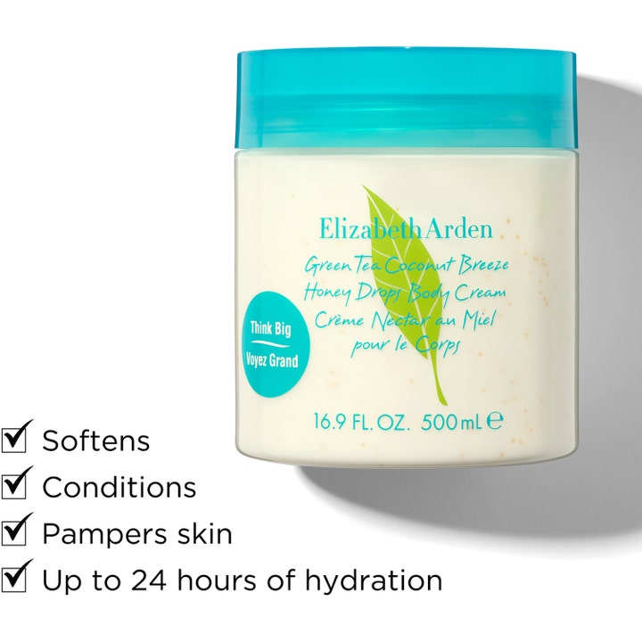 Elizabeth Arden Green Tea Coconut Breeze 500 ml pehmentävä vartalovoide hunajapisaroilla turkoosikantisessa purkissa.