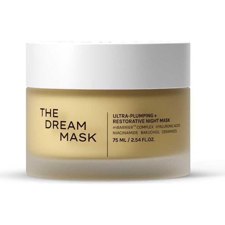Mantle The Dream Mask 75 ml uudistava ja täyteläistävä yönaamio huurretussa lasipurkissa valkoisella kannella.