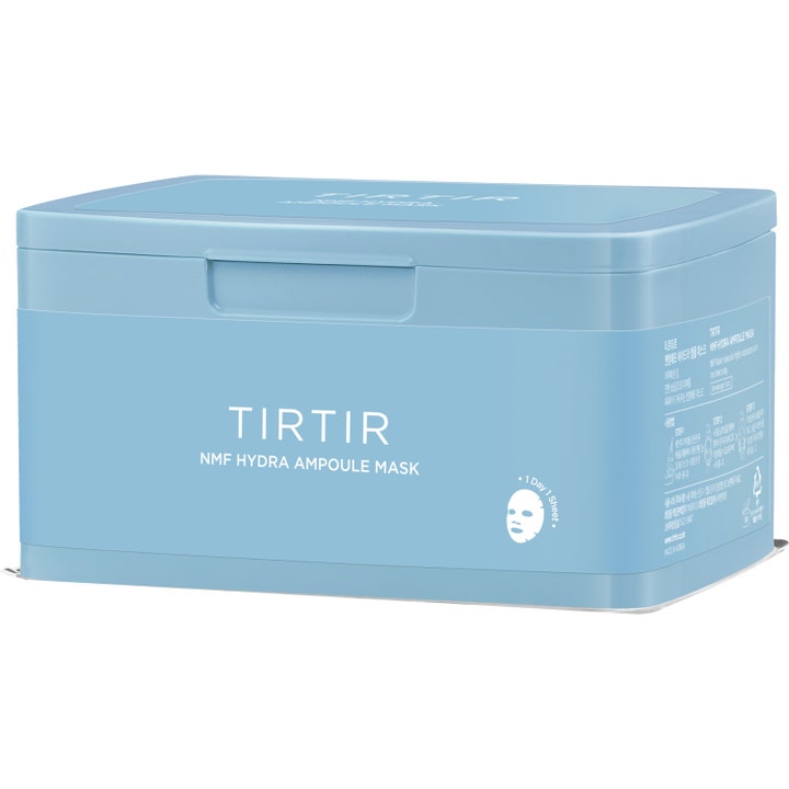 TIRTIR Nmf Hydro Ampoule Mask 350 g kosteuttava kangasnaamio vaaleansinisessä suorakulmaisessa rasiassa.
