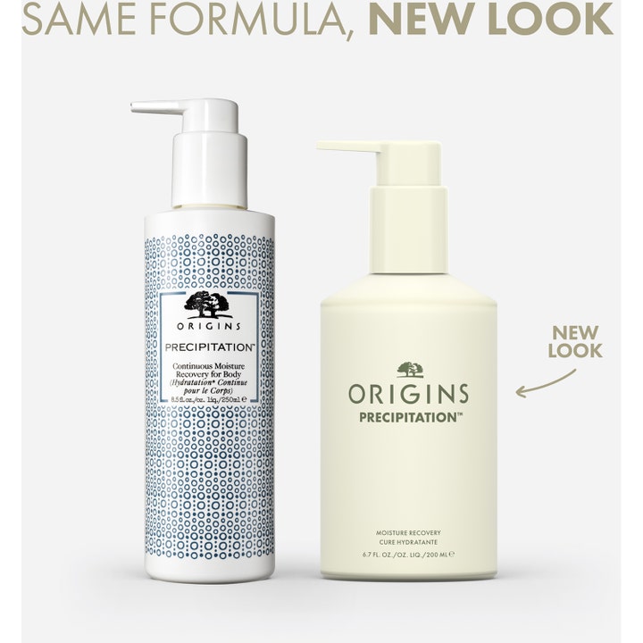 Origins Precipitation Moisture Recovery 200 ml kosteuttava vartalovoide, uusi kermanvärinen pakkaus ja vanha pullo.