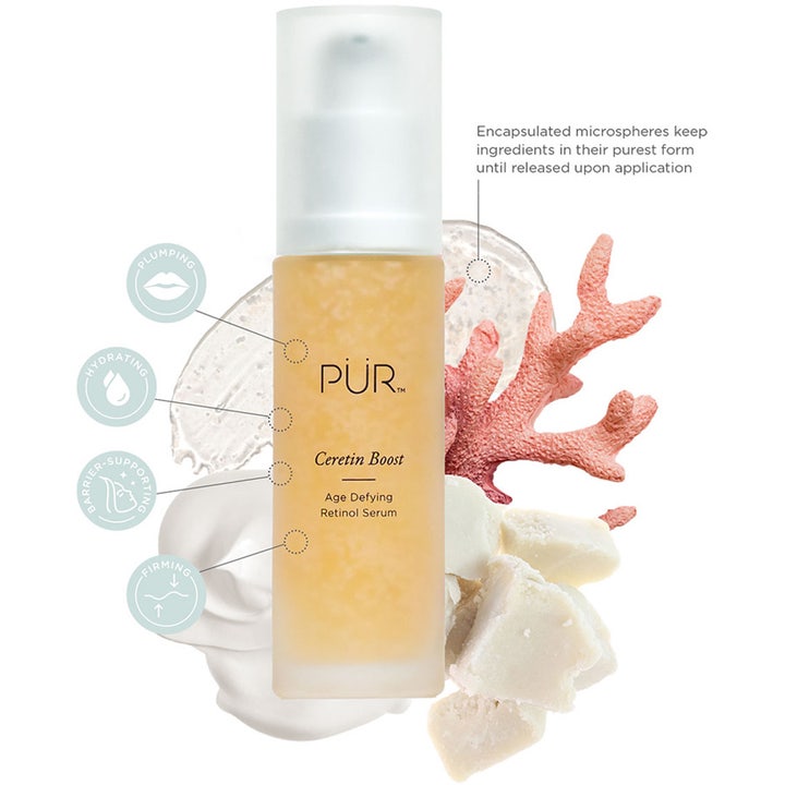 PÜR Ceratin Booster Age Defying Retinol Serum 30 ml silottava seerumi ja ainesosia kuvaava asetelma