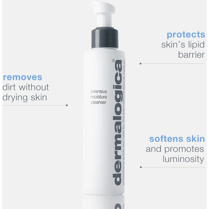 Dermalogica Intensive Moisture Cleanser 295 ml kosteuttava puhdistusvoide valkoisessa pumppupullossa infografiikalla.