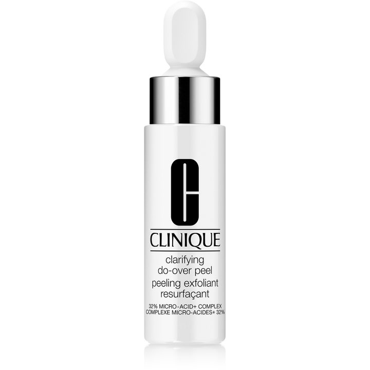 Clinique Clarifying Do-Over Peel 30ml uudistava kasvokuorinta valkoisessa pullossa hopeisella kauluksella ja pipetillä.