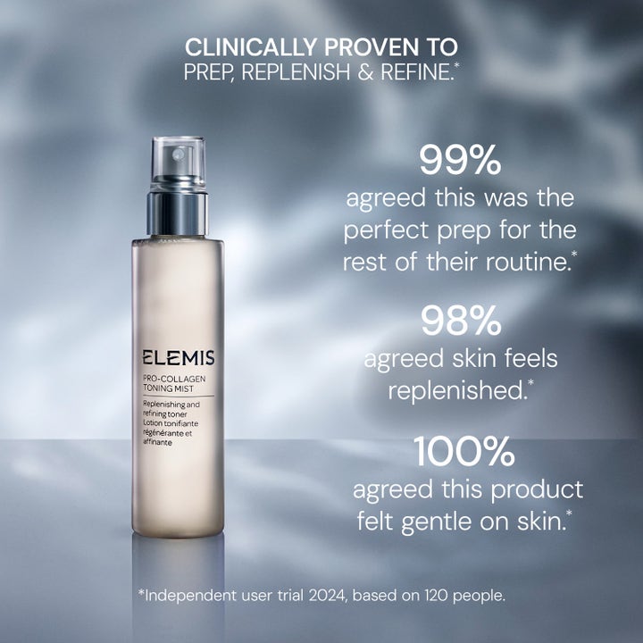 Elemis Pro-Collagen Toning Mist 150 ml hellävarainen kasvosuihke hopeisessa pullossa kliinisten tulosten kera.