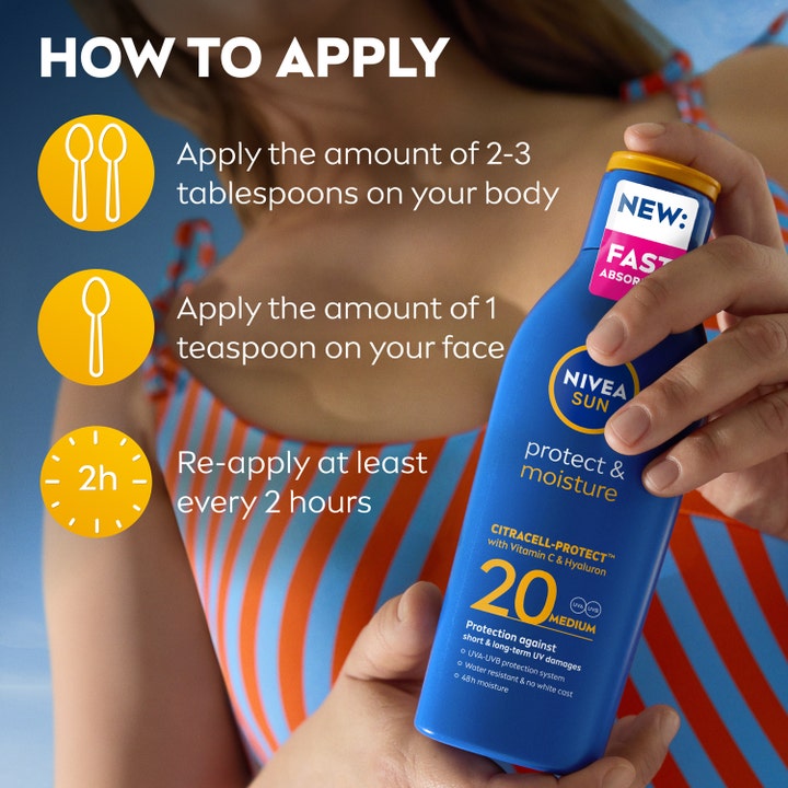 NIVEA Protect & Moisture Sun Lotion 200 ml kosteuttava aurinkovoide ja havainnollistavat käyttöohjeet iholle.