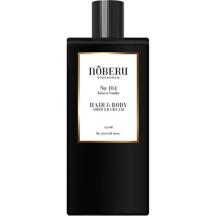 Nõberu No 104 Tobacco Vanilla 250 ml suihkuvoide hiuksille ja vartalolle mustassa pullossa valkoisella etiketillä.