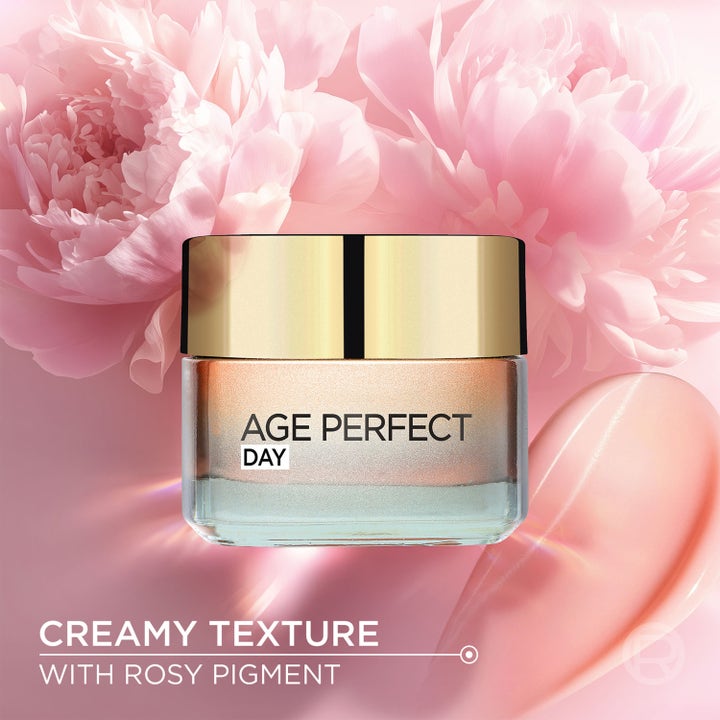 L'Oréal Paris Age Perfect Golden Age 50 ml päivävoide kultaisessa purkissa vaaleanpunaisella voidekoostumuksella.