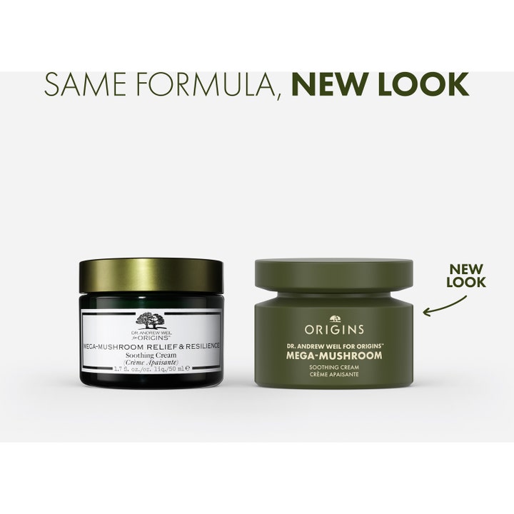 Origins Dr. Weil Mega-Mushroom 50 ml rauhoittava kasvovoide rinnakkain vanhassa ja uudessa mattavihreässä purkissa.