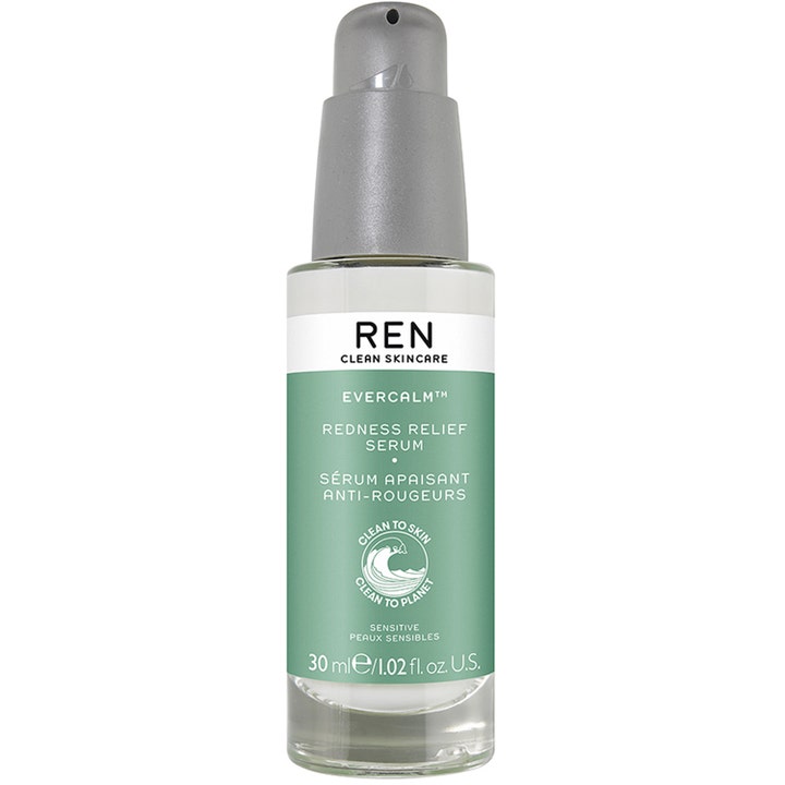 REN Evercalm Redness Relief Serum 30 ml rauhoittava seerumi harmaalla pumpulla ja vihreällä etiketillä.