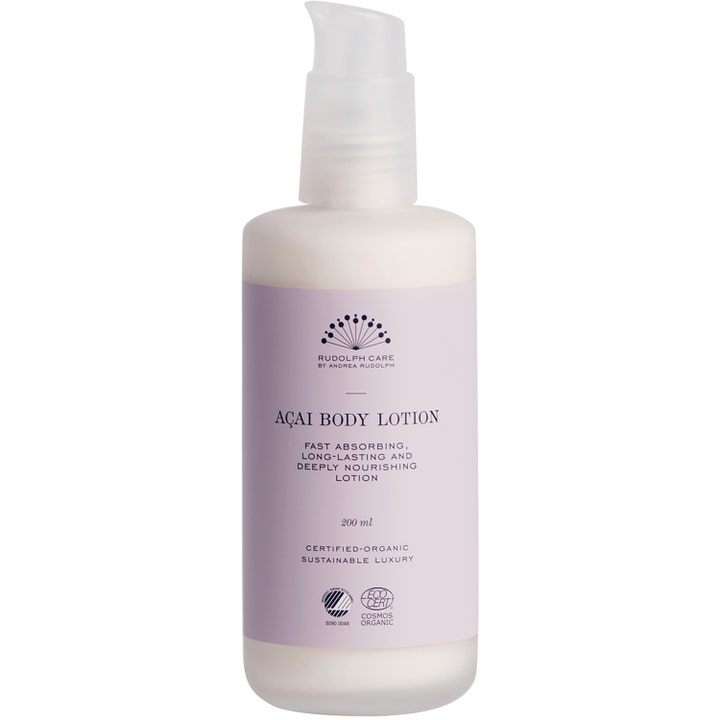 Rudolph Care Açai Body Lotion 200 ml kosteuttaa syvältä vaaleanvioletissa pumppupullossa.