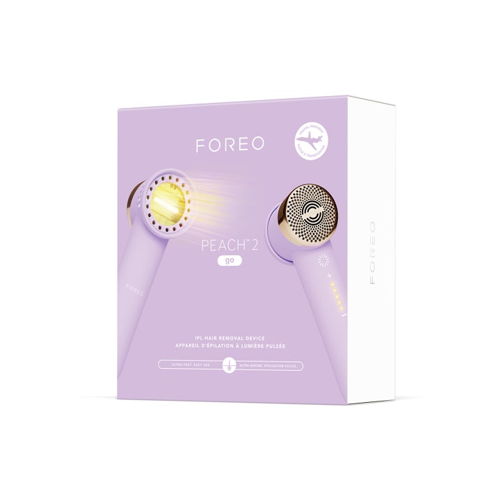 FOREO PEACH 2 go Lavender 1 kpl IPL-laite sileälle iholle laventelinvärisessä pakkauksessa, jossa on laitteen kuva.