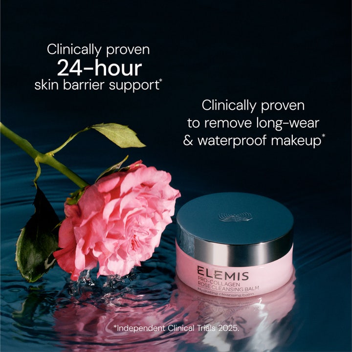 Elemis Pro-Collagen Rose Cleansing Balm 105 g poistaa vedenkestävän meikin ja tukee ihon suojakerrosta 24h.