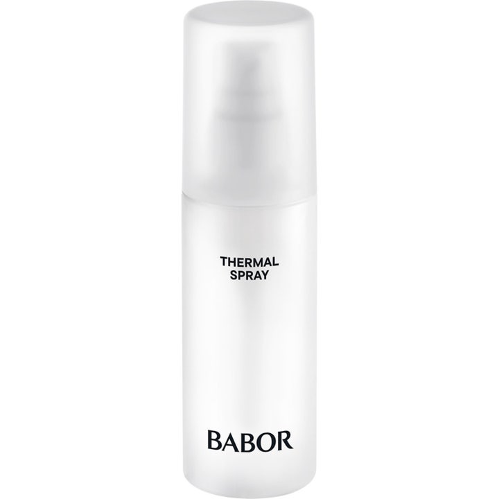 Babor Thermal Spray 100ml kosteuttava kasvosuihke valkoisessa pullossa jossa on läpikuultava huurteinen korkki