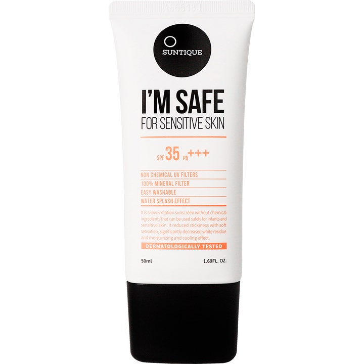 Suntique I’M SAFE For Sensitive Skin 50ml rauhoittava mineraaliaurinkosuojavoide valkoisessa tuubissa mustalla korkilla