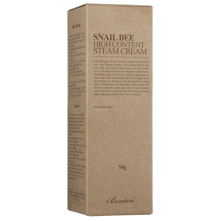 Benton Snail Bee High Content Steam Cream 50 g kosteuttava kasvovoide ruskeassa pahvisessa ulkopakkauksessa.