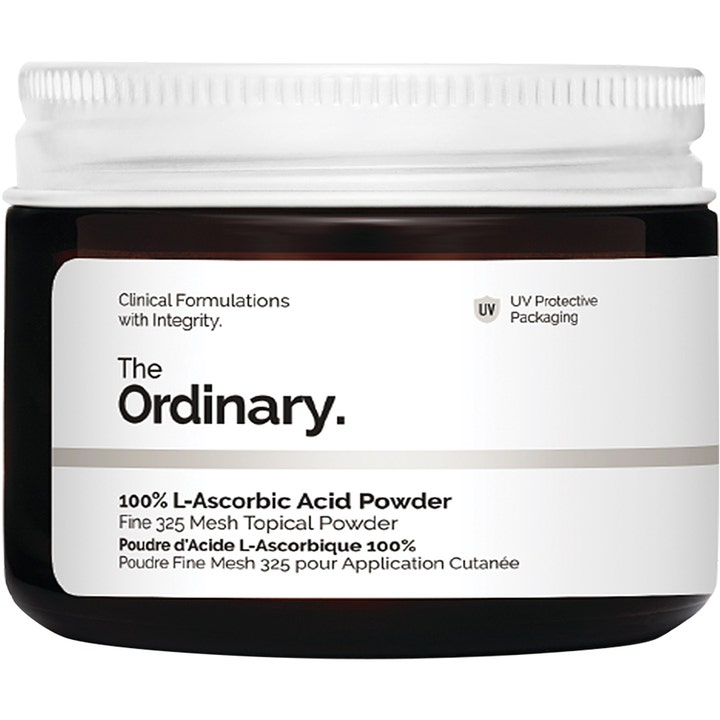 The Ordinary 100% L-Ascorbic Acid Powder 20g kirkastava C-vitamiinijauhe ruskeassa lasipurkissa valkoisella korkilla