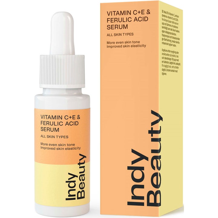 Indy Beauty Vitamin C + E & Ferulic Acid Serum 30 ml kirkastava seerumi valkoisessa pipettipullossa ja pakkauksessa