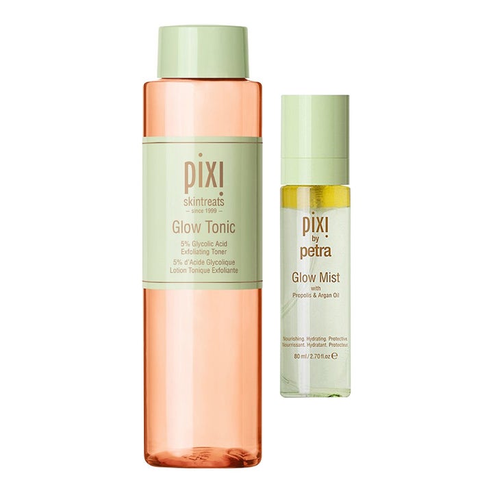 Pixi Glow Tonic ja Glow Mist 80 ml kuoriva kasvovesi ja kasvosuihke vaaleanvihreissä pulloissa.