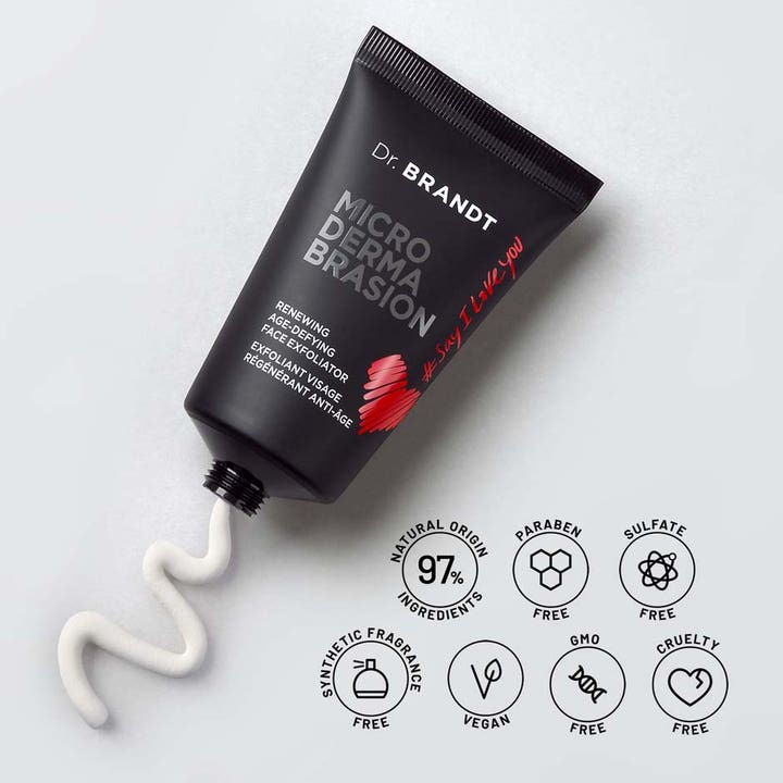 Dr Brandt Microdermabrasion Face Exfoliator 60 g uudistava kuorintavoide mustassa tuubissa ja aaltomainen valkoinen voide.