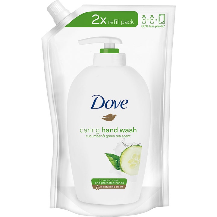 Dove Caring Hand Wash 500ml täyttöpakkaus kosteuttava nestesaippua valkoisessa pussissa kurkun kuvalla.