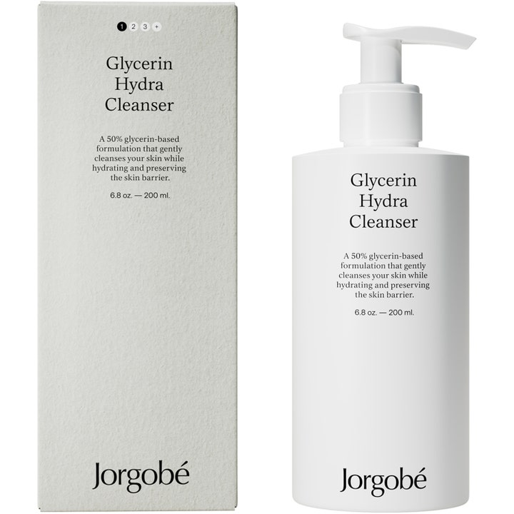 Jorgobé Glycerin Hydra Cleanser 200 ml kosteuttava kasvojenpuhdistusaine valkoisessa pumppupullossa ja harmaassa rasiassa.