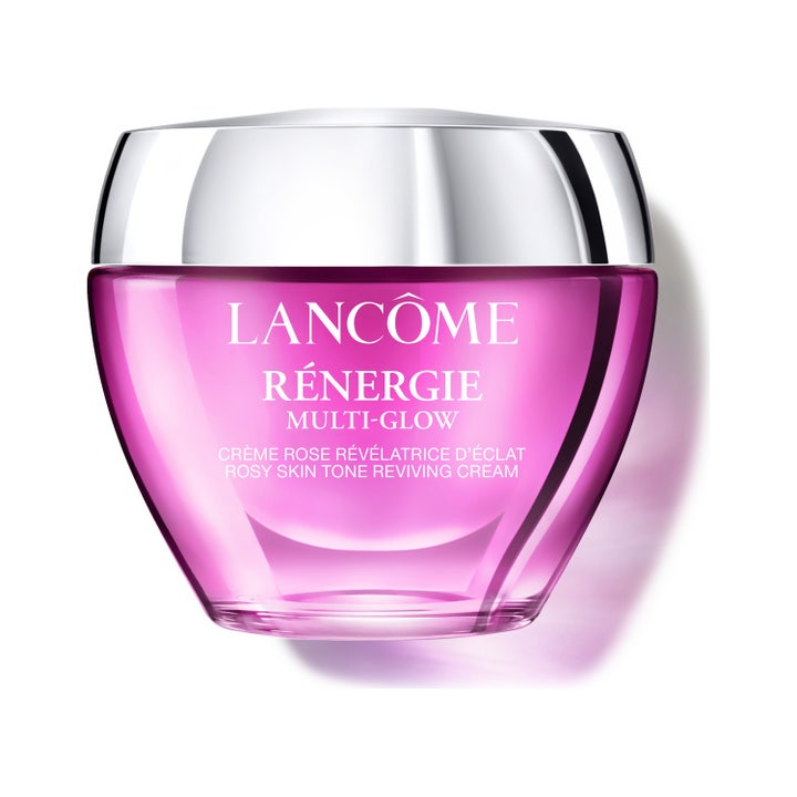 Lancôme Rénergie Multi-Glow 50 ml heleyttävä päivävoide vaaleanpunaisessa lasipurkissa jossa on hopeinen kansi